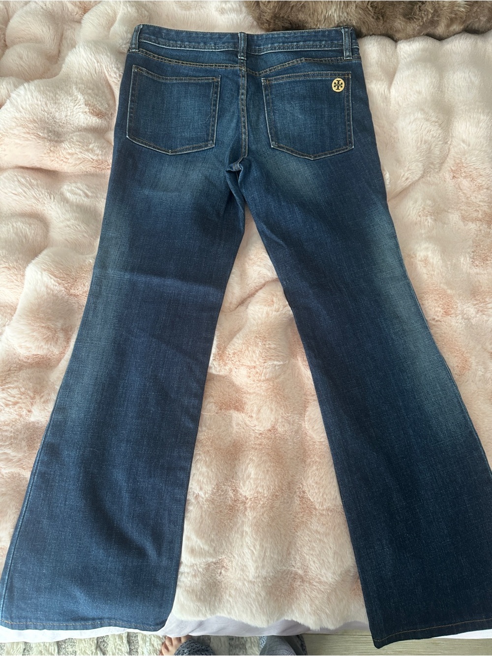 Tory Burch Indigo Flare Jeans with Gold Logo